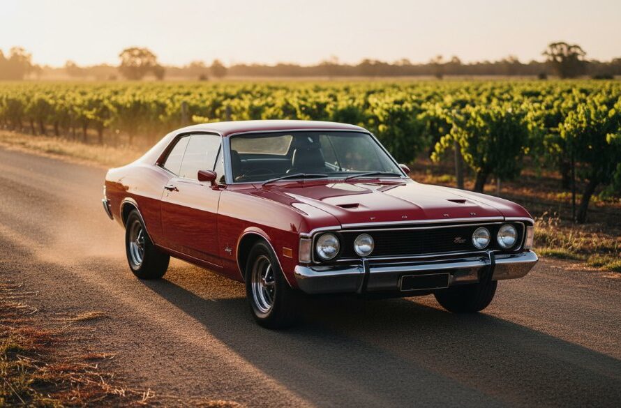 An epic moment in Irymple classic car photography Victoria, featuring a gleaming vintage Holden Kingswood bathed in golden hour light, parked majestically on a dusty Irymple road with a vineyard stretching into the background, showcasing its classic lines.