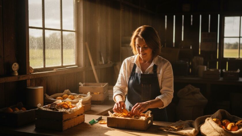 Dynamic wide shot of a local Irymple artisan showcasing their handcrafted products in a beautifully lit workshop, captured with professional Irymple commercial photography for local businesses, emphasizing craftsmanship and local pride, cinematic lighting.