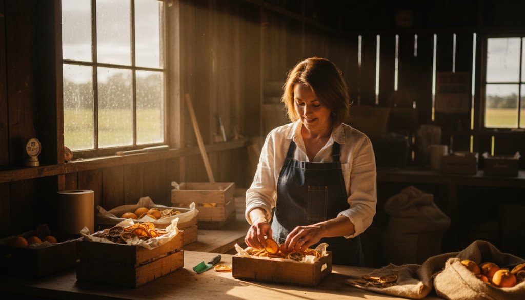 Dynamic wide shot of a local Irymple artisan showcasing their handcrafted products in a beautifully lit workshop, captured with professional Irymple commercial photography for local businesses, emphasizing craftsmanship and local pride, cinematic lighting.