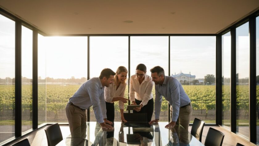 Dynamic, cinematic shot of a diverse business team collaborating enthusiastically in a modern Irymple office space, bathed in warm golden hour light streaming through a large window that subtly reveals the sun-drenched Irymple landscape, reflecting the essence of Irymple corporate photography for local business growth, with strong, confident expressions and clear focus, professional color grading.