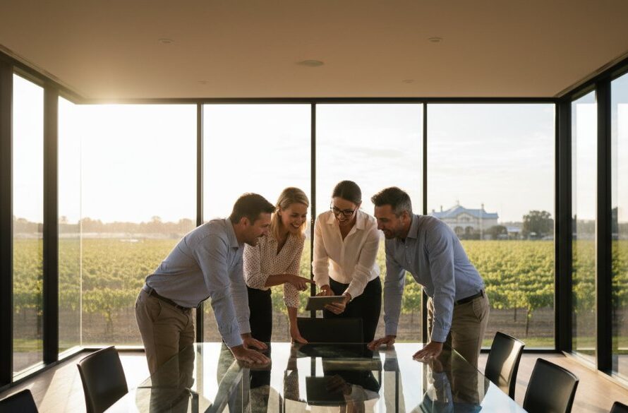 Dynamic, cinematic shot of a diverse business team collaborating enthusiastically in a modern Irymple office space, bathed in warm golden hour light streaming through a large window that subtly reveals the sun-drenched Irymple landscape, reflecting the essence of Irymple corporate photography for local business growth, with strong, confident expressions and clear focus, professional color grading.