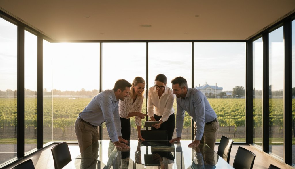 Dynamic, cinematic shot of a diverse business team collaborating enthusiastically in a modern Irymple office space, bathed in warm golden hour light streaming through a large window that subtly reveals the sun-drenched Irymple landscape, reflecting the essence of Irymple corporate photography for local business growth, with strong, confident expressions and clear focus, professional color grading.