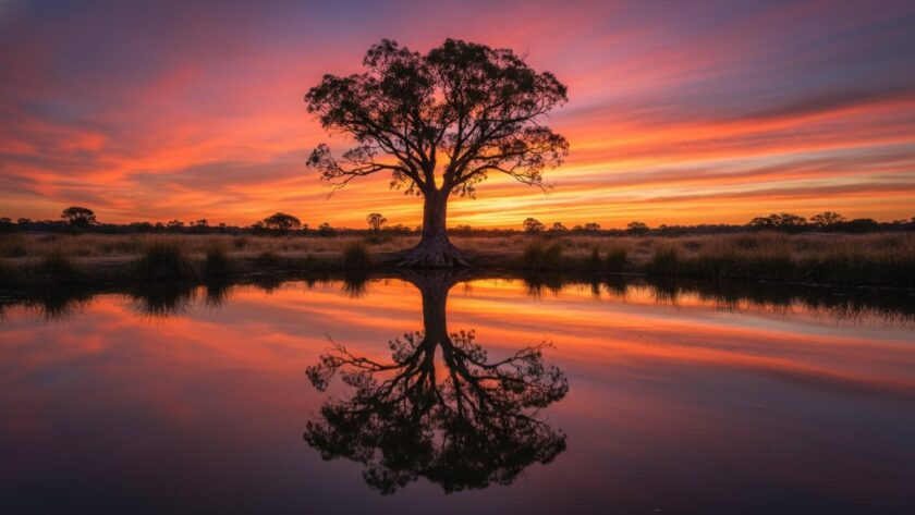 A breathtaking epic moment in Irymple fine art photography capturing unique Mallee landscapes at sunset, featuring a lone river gum silhouette against a dramatic, colour-rich sky reflected in still water, professionally captured with dramatic lighting.