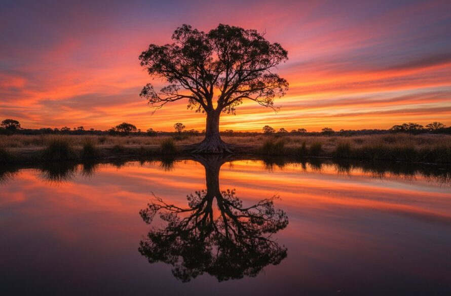 A breathtaking epic moment in Irymple fine art photography capturing unique Mallee landscapes at sunset, featuring a lone river gum silhouette against a dramatic, colour-rich sky reflected in still water, professionally captured with dramatic lighting.