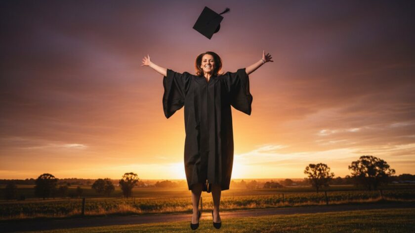 A proud graduate in Irymple celebrating their academic achievement, captured in a dramatic, sun-drenched photograph, perfectly illustrating Irymple graduation photography capturing milestone moments.