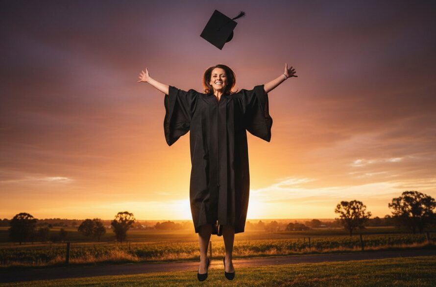 A proud graduate in Irymple celebrating their academic achievement, captured in a dramatic, sun-drenched photograph, perfectly illustrating Irymple graduation photography capturing milestone moments.