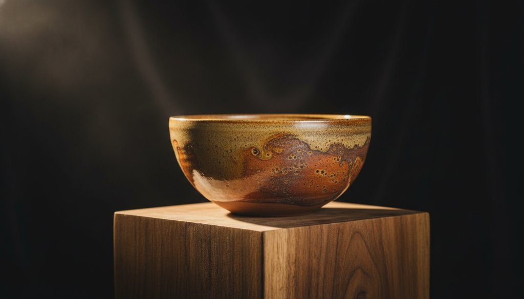 Close-up, dramatically lit studio shot featuring an Irymple premium artisanal product photography setup, perhaps a beautifully bottled local olive oil or a handcrafted ceramic piece, with rich textures and intricate details, highlighting its unique craftsmanship. The product is perfectly positioned on a rustic wooden table with a soft, diffused backlight creating a warm halo, capturing an epic moment of elegance and quality.