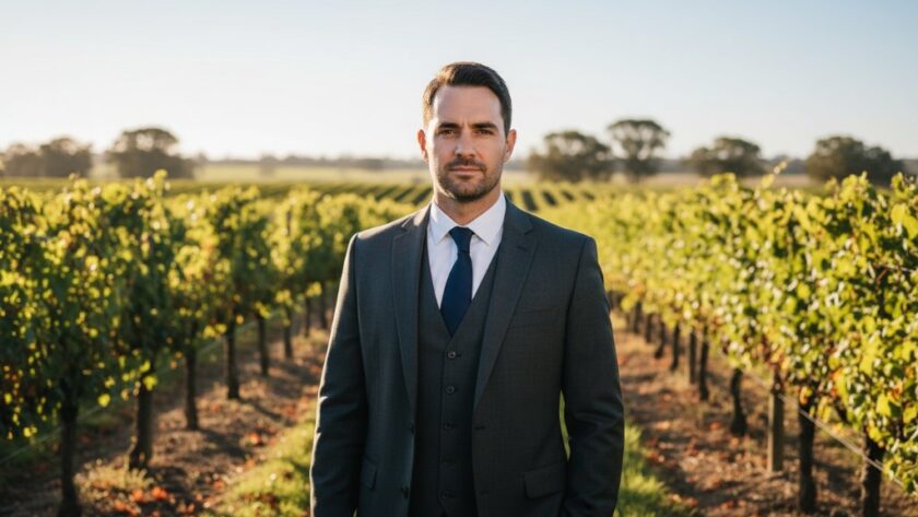 A striking Irymple professional headshot for career growth Victoria of a confident professional, captured in a dynamic outdoor setting near the Murray River, with dramatic golden hour lighting highlighting their determined expression and suit.