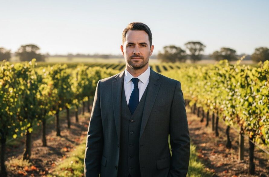 A striking Irymple professional headshot for career growth Victoria of a confident professional, captured in a dynamic outdoor setting near the Murray River, with dramatic golden hour lighting highlighting their determined expression and suit.