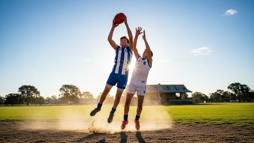 Dynamic action shot of a young athlete scoring a goal on a sunny Irymple sports oval, celebrating with teammates, showcasing Irymple sports action photography services with dramatic backlighting and vibrant colours.