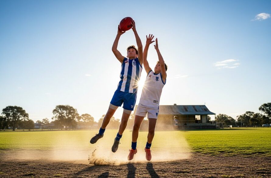 Dynamic action shot of a young athlete scoring a goal on a sunny Irymple sports oval, celebrating with teammates, showcasing Irymple sports action photography services with dramatic backlighting and vibrant colours.