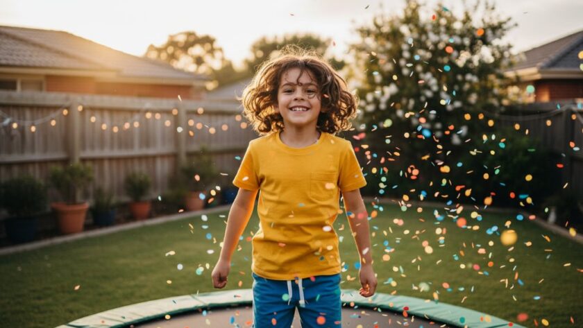 A candid, joy-filled moment captured with expert Irymple Victoria backyard birthday photography, showing a child laughing while being showered with confetti in a beautifully decorated Irymple backyard, golden hour lighting.