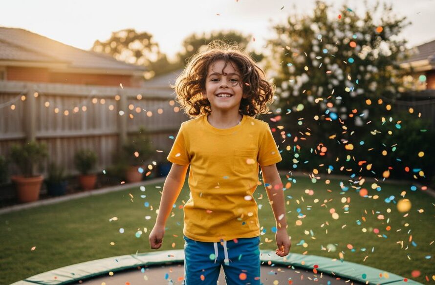 A candid, joy-filled moment captured with expert Irymple Victoria backyard birthday photography, showing a child laughing while being showered with confetti in a beautifully decorated Irymple backyard, golden hour lighting.