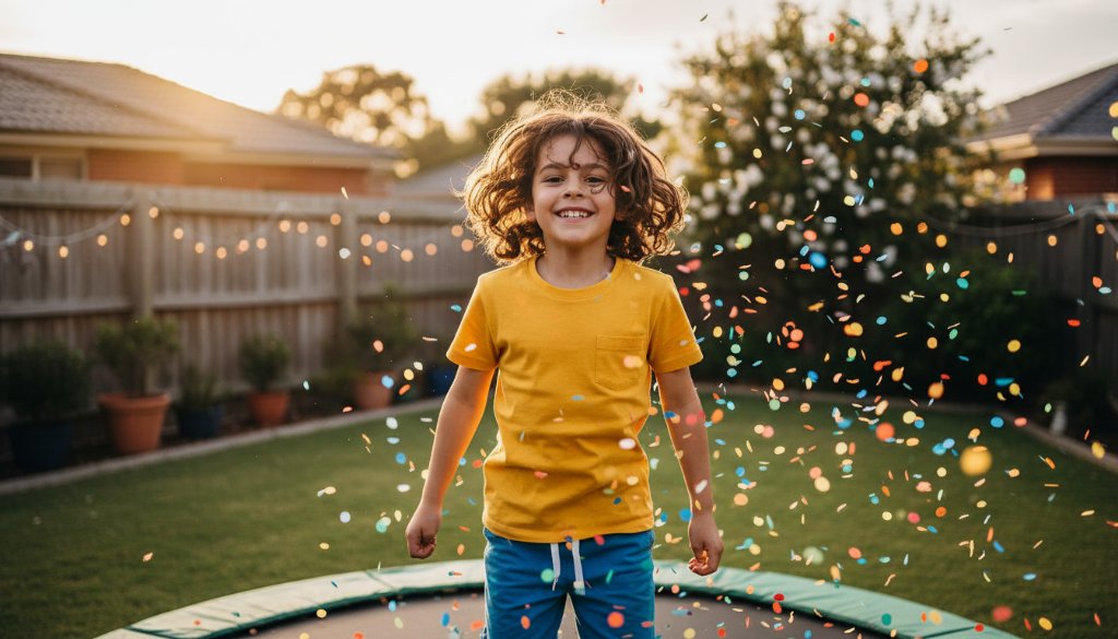 A candid, joy-filled moment captured with expert Irymple Victoria backyard birthday photography, showing a child laughing while being showered with confetti in a beautifully decorated Irymple backyard, golden hour lighting.