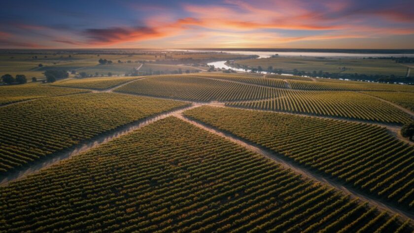 Dramatic aerial shot captured by Irymple Victoria drone photography vineyard services, showcasing the golden hour light illuminating a sprawling Irymple vineyard from above, revealing intricate patterns and a sense of vastness.
