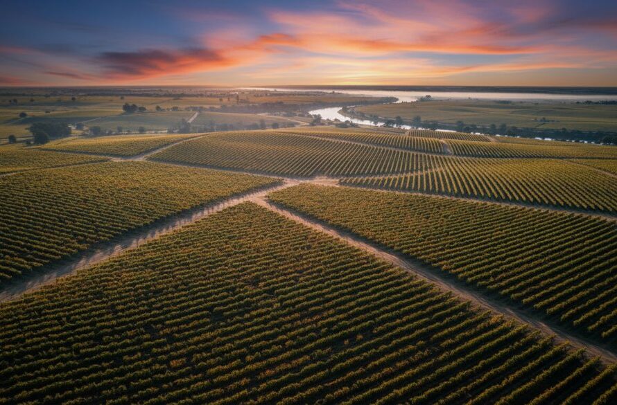 Dramatic aerial shot captured by Irymple Victoria drone photography vineyard services, showcasing the golden hour light illuminating a sprawling Irymple vineyard from above, revealing intricate patterns and a sense of vastness.
