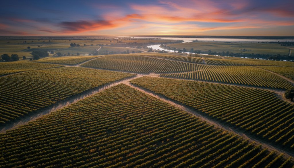 Dramatic aerial shot captured by Irymple Victoria drone photography vineyard services, showcasing the golden hour light illuminating a sprawling Irymple vineyard from above, revealing intricate patterns and a sense of vastness.