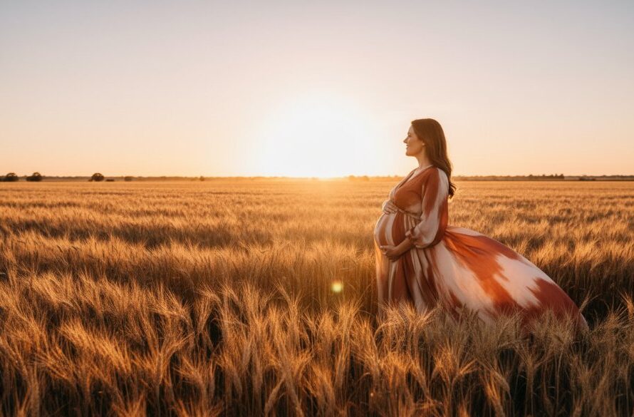 An expectant mother in Irymple Victoria maternity photography sunset glow, standing gracefully by a golden wheat field, silhouetted against a dramatic orange and purple sky at dusk, with the serene rural landscape of Irymple in the background, captured in an epic, professional photograph.