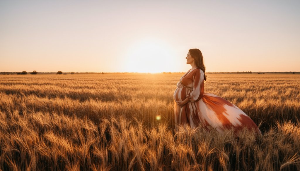 An expectant mother in Irymple Victoria maternity photography sunset glow, standing gracefully by a golden wheat field, silhouetted against a dramatic orange and purple sky at dusk, with the serene rural landscape of Irymple in the background, captured in an epic, professional photograph.