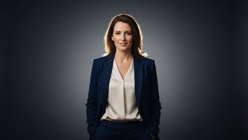 A powerful, cinematic studio portrait for Irymple Victoria modern studio branding photography, featuring a confident entrepreneur in a sleek, minimalist setting, lit dramatically to highlight their determined expression, exuding professionalism and approachability.