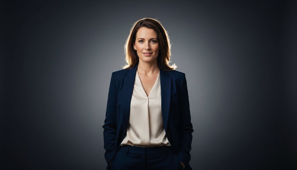 A powerful, cinematic studio portrait for Irymple Victoria modern studio branding photography, featuring a confident entrepreneur in a sleek, minimalist setting, lit dramatically to highlight their determined expression, exuding professionalism and approachability.