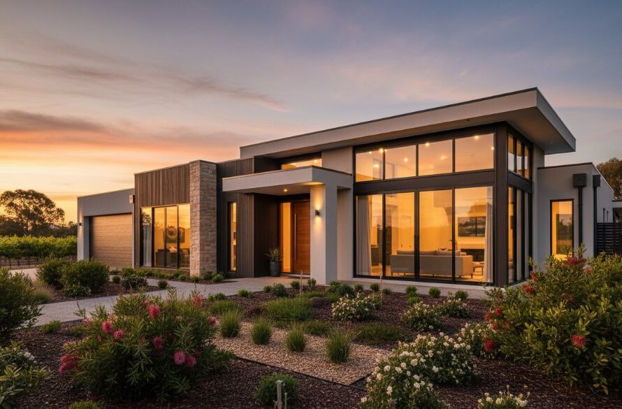 A wide-angle, cinematic photograph showcasing an immaculately staged modern Irymple home at twilight, with warm interior lights glowing, highlighting the Irymple Victoria real estate photography excellence. The vibrant sunset hues reflect in large windows, and a perfectly manicured garden leads to the entrance.