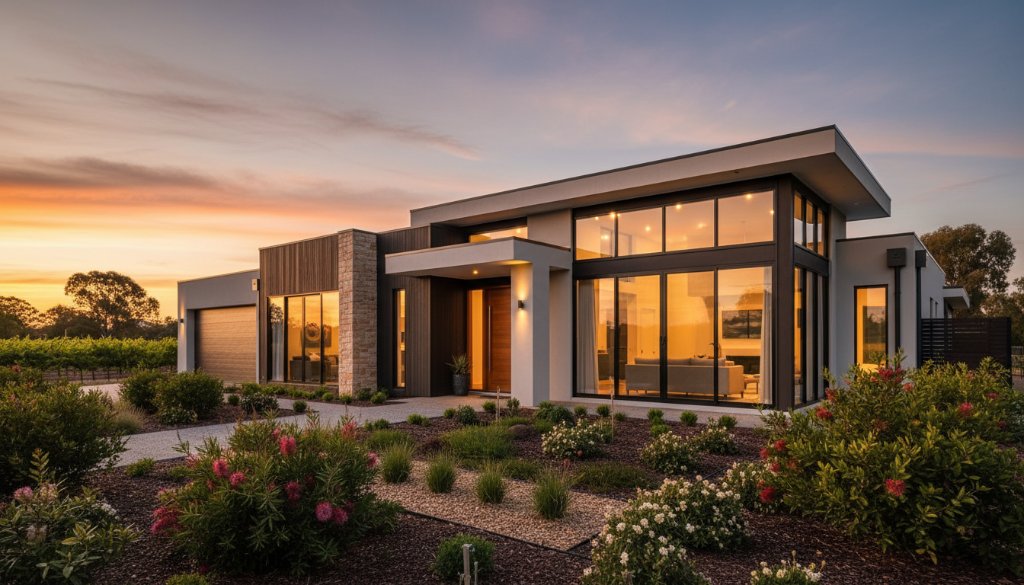 A wide-angle, cinematic photograph showcasing an immaculately staged modern Irymple home at twilight, with warm interior lights glowing, highlighting the Irymple Victoria real estate photography excellence. The vibrant sunset hues reflect in large windows, and a perfectly manicured garden leads to the entrance.