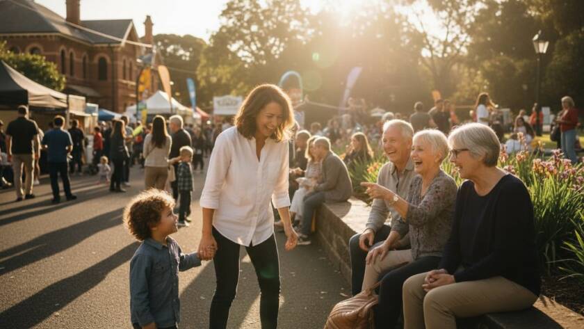 A wide-angle, vibrant, joyful Armadale community event photography shot capturing diverse people laughing and interacting during an outdoor festival in Armadale, with golden hour light illuminating genuine expressions and dynamic activity, showcasing an epic moment of connection.