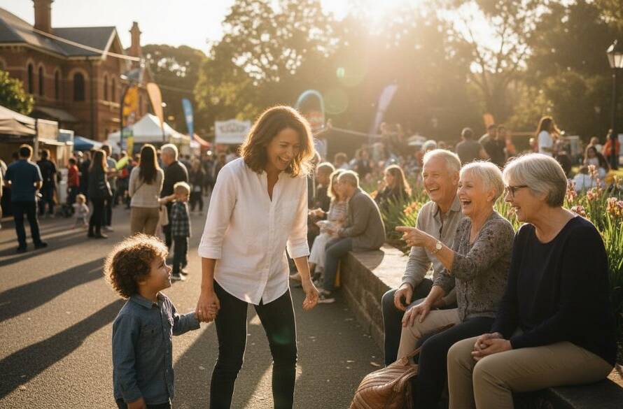 A wide-angle, vibrant, joyful Armadale community event photography shot capturing diverse people laughing and interacting during an outdoor festival in Armadale, with golden hour light illuminating genuine expressions and dynamic activity, showcasing an epic moment of connection.