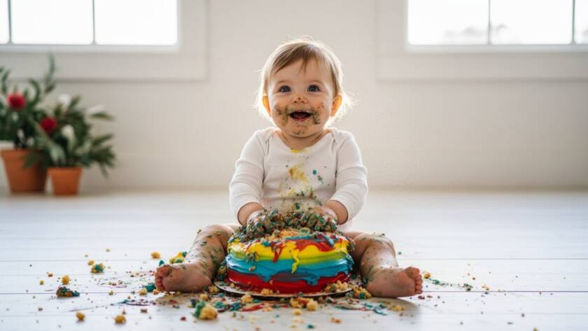 A wide-angle, vibrant, 'epic moment' photograph capturing a baby joyfully smashing a birthday cake during a joyful Ashburton Victoria first birthday cake smash session, surrounded by pastel balloons and soft natural light, frosting smeared adorably on their face, with parents laughing softly in the blurred background, evoking pure childhood delight.