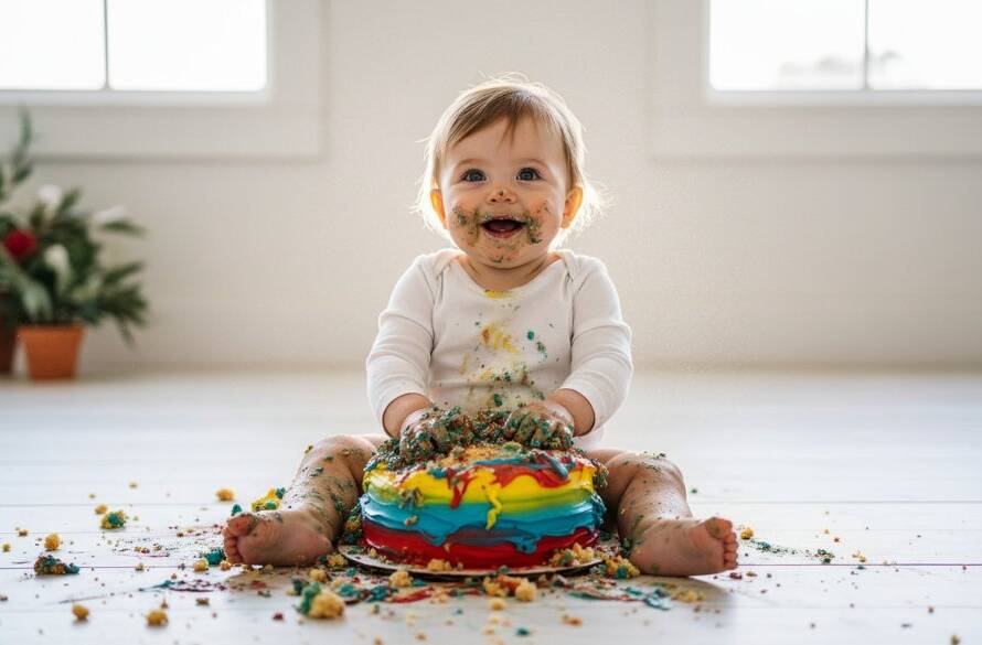 A wide-angle, vibrant, 'epic moment' photograph capturing a baby joyfully smashing a birthday cake during a joyful Ashburton Victoria first birthday cake smash session, surrounded by pastel balloons and soft natural light, frosting smeared adorably on their face, with parents laughing softly in the blurred background, evoking pure childhood delight.