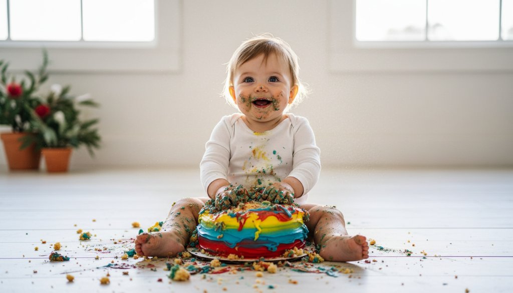 A wide-angle, vibrant, 'epic moment' photograph capturing a baby joyfully smashing a birthday cake during a joyful Ashburton Victoria first birthday cake smash session, surrounded by pastel balloons and soft natural light, frosting smeared adorably on their face, with parents laughing softly in the blurred background, evoking pure childhood delight.