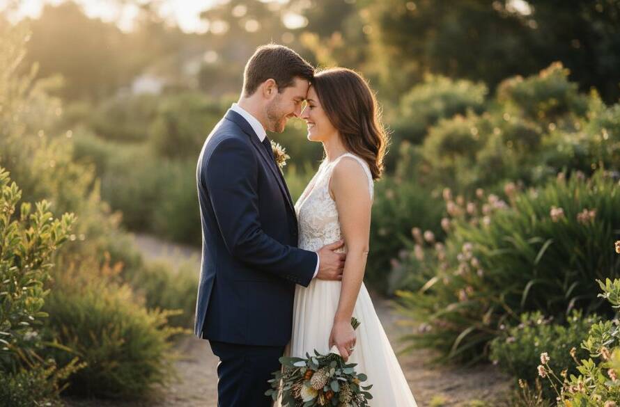 An epic moment of a newlywed couple sharing a joyful, authentic laugh under soft golden hour light in a beautiful Ashwood garden, showcasing joyful Ashwood wedding photography capturing authentic moments with a natural, emotive style.