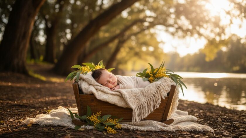A heartwarming and serene outdoor portrait showing a baby peacefully sleeping in a delicate basket adorned with native Australian flora, set against the soft, golden glow of a Moama sunset by the Murray River, capturing the essence of joyful baby photography Moama Murray River portraits, with professional colour grading and cinematic lighting.