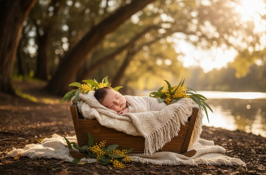 A heartwarming and serene outdoor portrait showing a baby peacefully sleeping in a delicate basket adorned with native Australian flora, set against the soft, golden glow of a Moama sunset by the Murray River, capturing the essence of joyful baby photography Moama Murray River portraits, with professional colour grading and cinematic lighting.