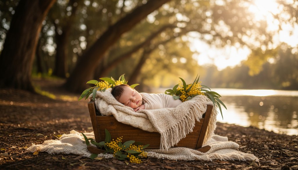 A heartwarming and serene outdoor portrait showing a baby peacefully sleeping in a delicate basket adorned with native Australian flora, set against the soft, golden glow of a Moama sunset by the Murray River, capturing the essence of joyful baby photography Moama Murray River portraits, with professional colour grading and cinematic lighting.