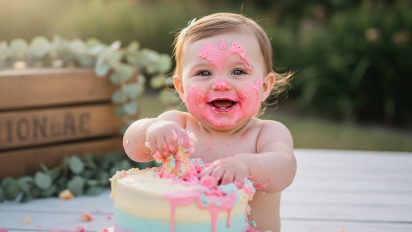 A precious baby giggling amidst frosting and cake crumbs, celebrating their first birthday with joyful Bacchus Marsh first birthday cake smash photography, captured in a vibrant, 'epic moment' style with professional lighting.