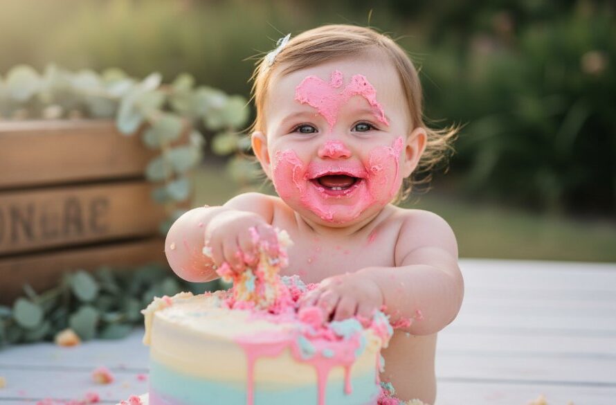A precious baby giggling amidst frosting and cake crumbs, celebrating their first birthday with joyful Bacchus Marsh first birthday cake smash photography, captured in a vibrant, 'epic moment' style with professional lighting.