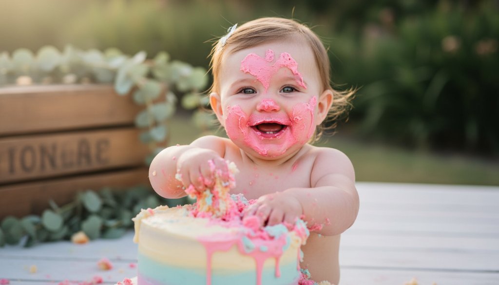 A precious baby giggling amidst frosting and cake crumbs, celebrating their first birthday with joyful Bacchus Marsh first birthday cake smash photography, captured in a vibrant, 'epic moment' style with professional lighting.