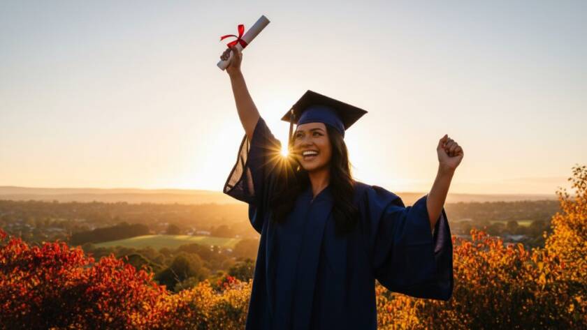 Joyful Beaconsfield Graduation Photography: A beaming graduate in cap and gown, framed by the picturesque autumn foliage of Akoonah Park in Beaconsfield, Victoria, tossing their cap against a dramatic golden hour sky, celebrating their academic milestone with pure elation.
