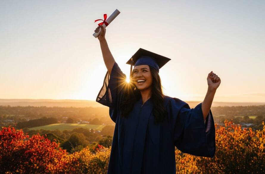 Joyful Beaconsfield Graduation Photography: A beaming graduate in cap and gown, framed by the picturesque autumn foliage of Akoonah Park in Beaconsfield, Victoria, tossing their cap against a dramatic golden hour sky, celebrating their academic milestone with pure elation.