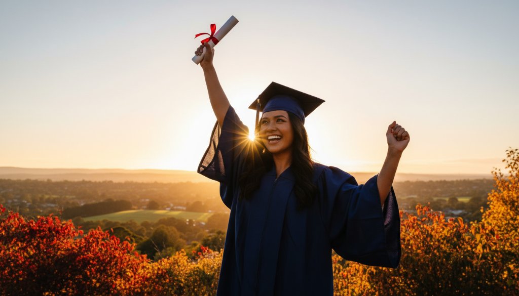 Joyful Beaconsfield Graduation Photography: A beaming graduate in cap and gown, framed by the picturesque autumn foliage of Akoonah Park in Beaconsfield, Victoria, tossing their cap against a dramatic golden hour sky, celebrating their academic milestone with pure elation.