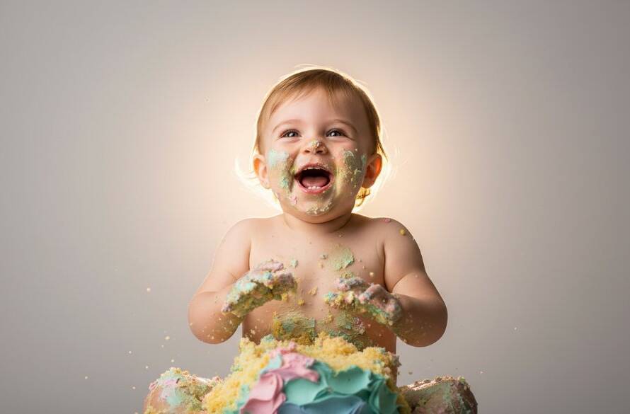 An epic moment captured during a joyful Bentleigh cake smash photography first birthday session, featuring a toddler giggling amidst cake chaos, frosting smeared on cheeks, with dramatic rim lighting highlighting their pure delight and a vibrant pastel backdrop.
