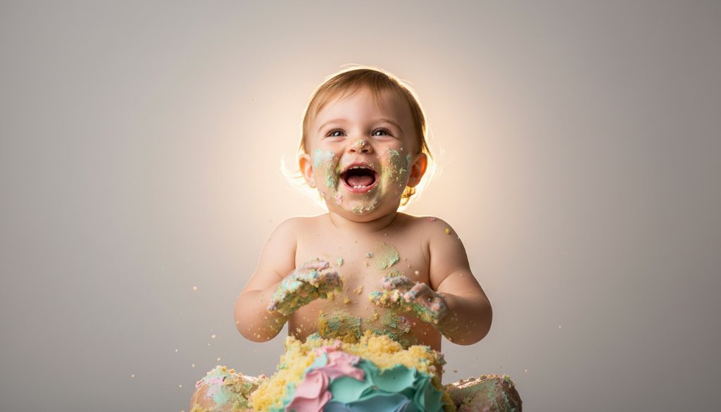 An epic moment captured during a joyful Bentleigh cake smash photography first birthday session, featuring a toddler giggling amidst cake chaos, frosting smeared on cheeks, with dramatic rim lighting highlighting their pure delight and a vibrant pastel backdrop.