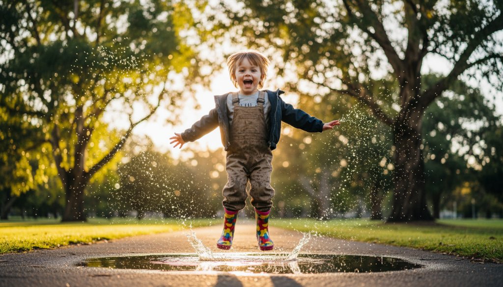 A vibrant, emotionally charged photograph capturing a child's pure joy, mid-laugh, playing in the golden hour sunlight at Bentleigh Reserve, showcasing joyful Bentleigh kids photography capturing genuine family moments with dramatic backlighting and professional colour grading.