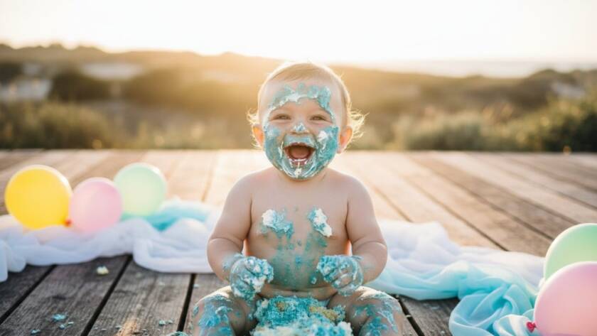 An epic moment captured during a joyful Black Rock first birthday cake smash photography session, featuring a baby gleefully covered in cake, surrounded by pastel balloons, with dramatic golden hour backlighting highlighting the messy joy and celebration, set against a subtle, elegant Black Rock beach-inspired backdrop.