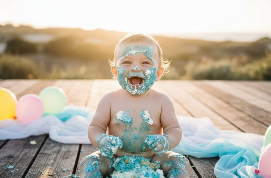 An epic moment captured during a joyful Black Rock first birthday cake smash photography session, featuring a baby gleefully covered in cake, surrounded by pastel balloons, with dramatic golden hour backlighting highlighting the messy joy and celebration, set against a subtle, elegant Black Rock beach-inspired backdrop.
