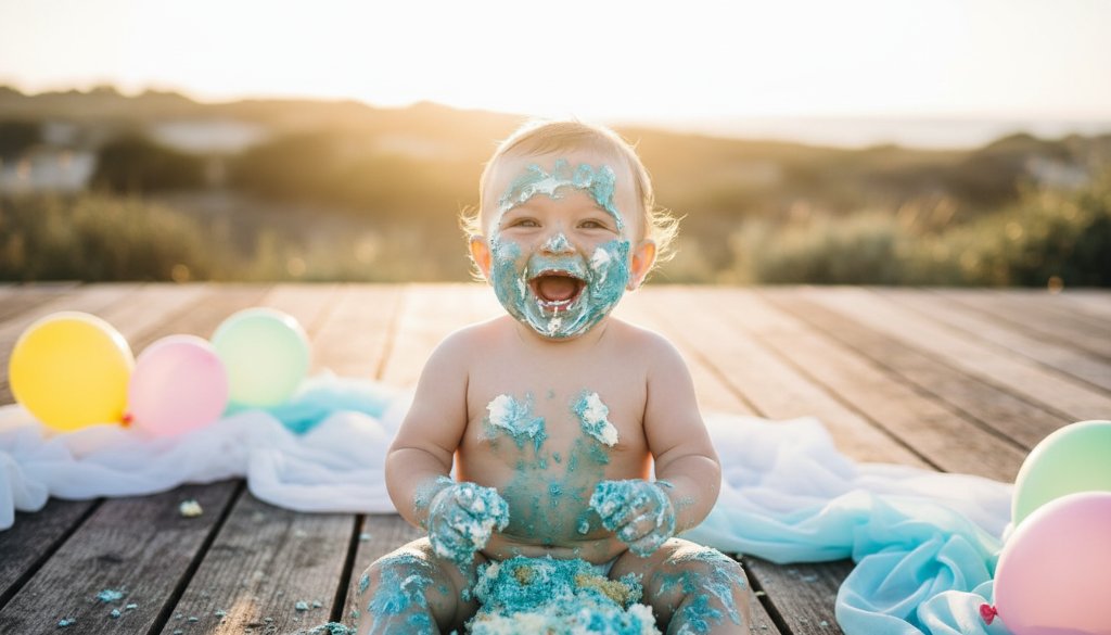 An epic moment captured during a joyful Black Rock first birthday cake smash photography session, featuring a baby gleefully covered in cake, surrounded by pastel balloons, with dramatic golden hour backlighting highlighting the messy joy and celebration, set against a subtle, elegant Black Rock beach-inspired backdrop.