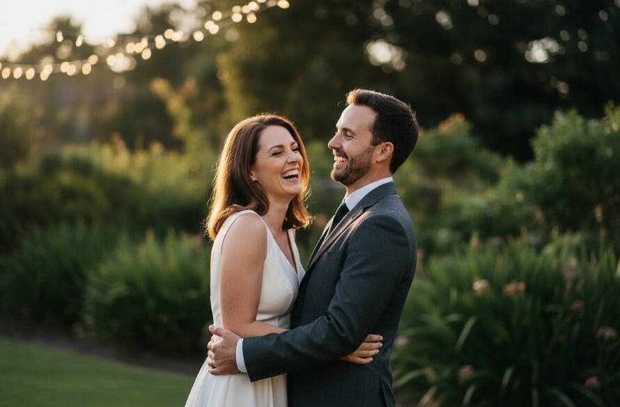 A candid, joyful Blackburn North backyard wedding photography moment featuring a couple laughing under festoon lights, captured at dusk with beautiful bokeh and professional colour grading.