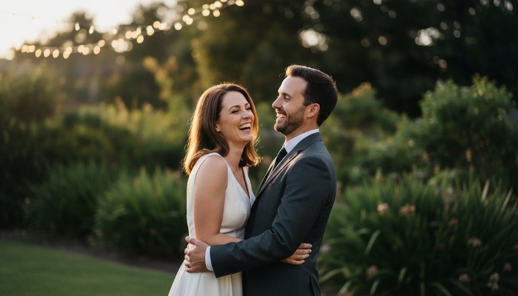 A candid, joyful Blackburn North backyard wedding photography moment featuring a couple laughing under festoon lights, captured at dusk with beautiful bokeh and professional colour grading.